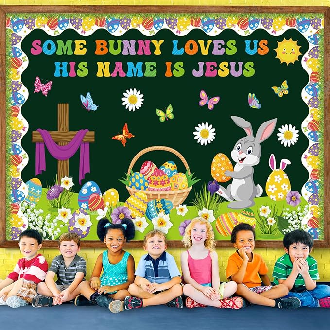 Pasimy Easter Bulletin Board Decorations Set Christian Easter Classroom Decorations Easter Bunny Egg Paper Cut Outs for School Nursery Spring Easter Birthday Party Supplies(Cross)