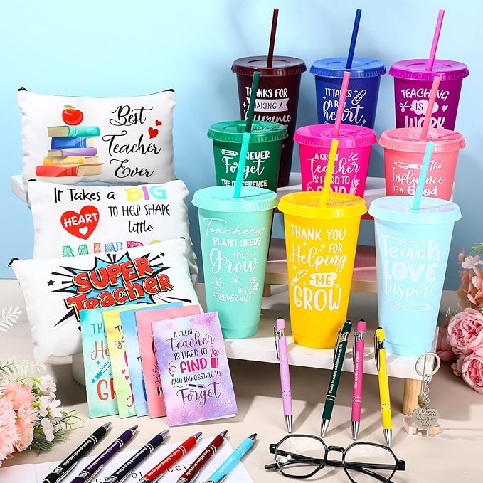50 Pcs Teacher Appreciation Gift for Women 24 oz Thank You Plastic Tumbler with Inspirational Notepads Ballpoint Pens Makeup Bag Keychain Xmas Gifts for Principals Professors Staff