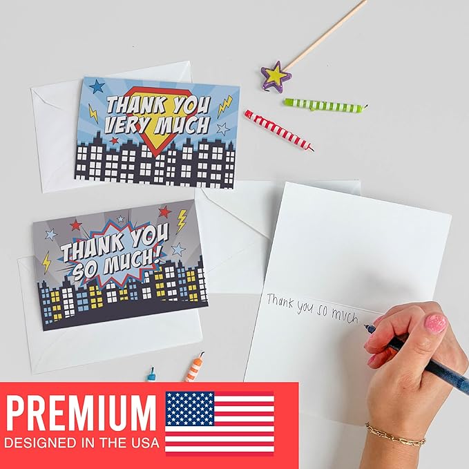Hadley Designs 24 Superhero Thank You Cards With Envelopes - 4x6 Kids Thank You Cards Boys Birthday Bulk, Blank Baby Boy Super Hero Teacher Appreciation Notes, Superhero Party Supplies, Made In USA