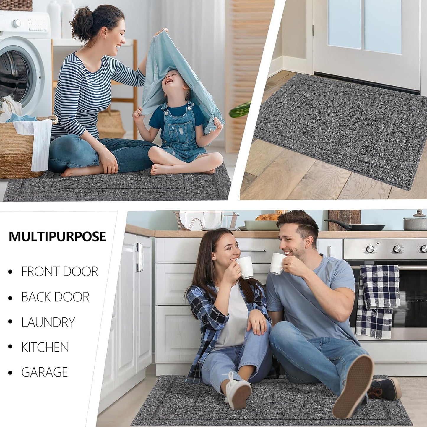FONEYI Indoor Door Mat 32" x 48", Dirt Trapper Door Mats Non-Slip Entryway Rugs Washable, Absorbent Resist Dirt Welcome Mat, Low Profile Inside Floor Mats for Front Back Door and Entryway, Grey