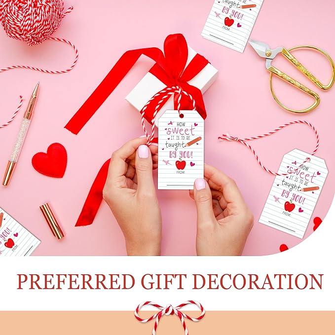 50Pcs Teacher Valentine's Day Tag - Happy Valentine Tags with String, Sweet Teacher Gift Label Idea Valentines Activity School Classroom Party Favors