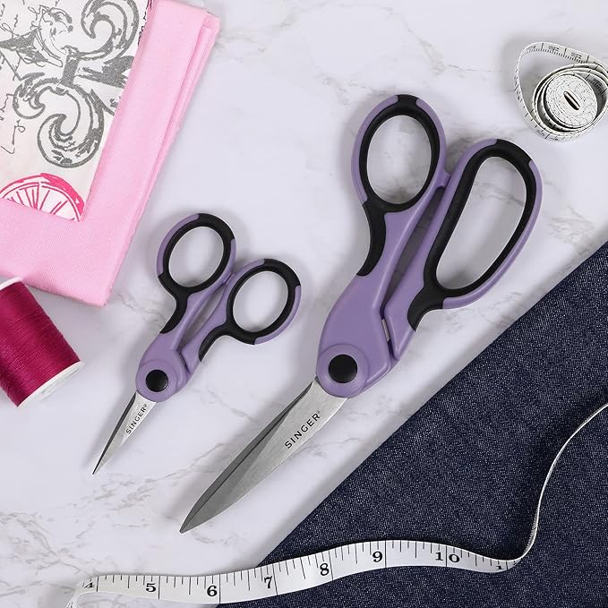SINGER ProSeries Sewing 8.5" Heavy Duty Fabric Scissors and 4.5" Craft Detail Scissors Set, Lilac Purple, Set of 2 Sewing Scissors
