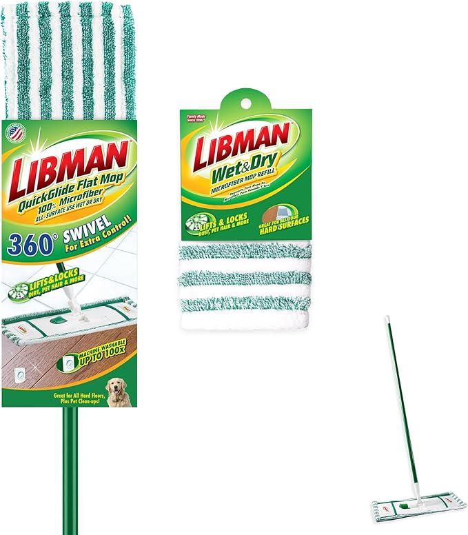 Libman Wet & Dry Microfiber Mop Kit Plus 1 Refill | Dust Mop for Hardwood Floors and Walls | 2 Total Microfiber Mop Pads Included | 1 Handle & Base
