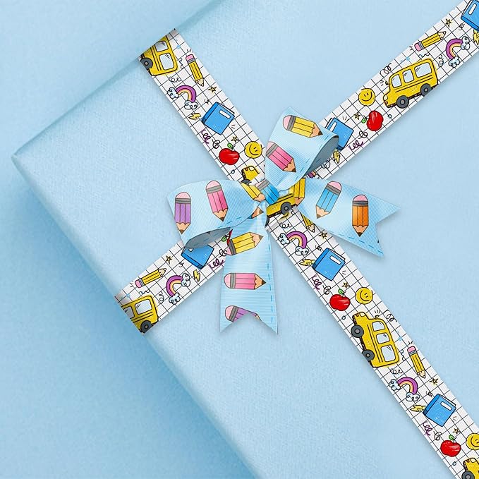 Threetols 4 Rolls 20 Yards Back to School Grosgrain Ribbons, Blue Green Yellow, Apple Pencil School Bus Gift Wrapping for Teacher Kindergarten Party Supply