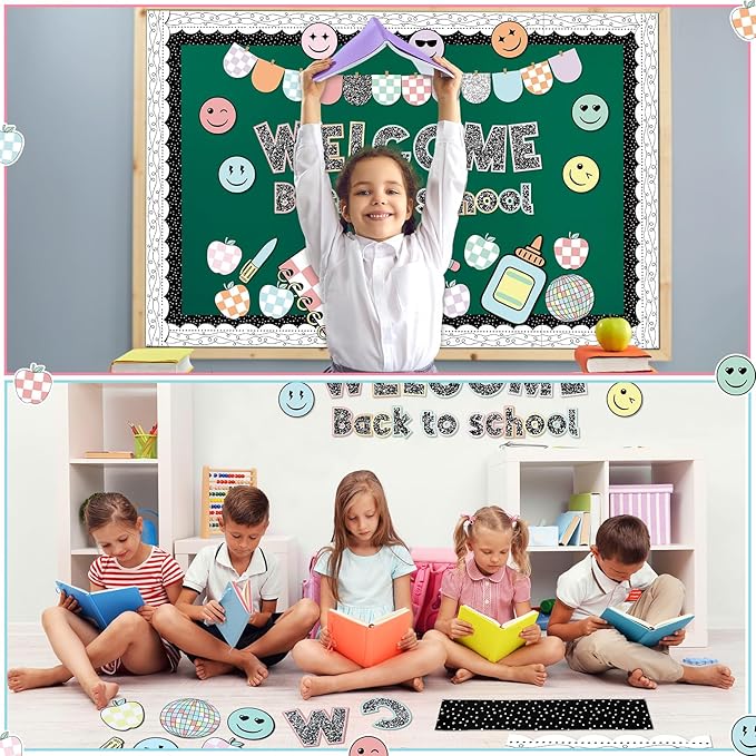 94 Pcs Composition Notebook Classroom Decor Welcome Back to School Bulletin Board Set Checkered Classroom Decor Pencil Apple Paper Cutouts for First Day of School Party Wall Door(Natural)