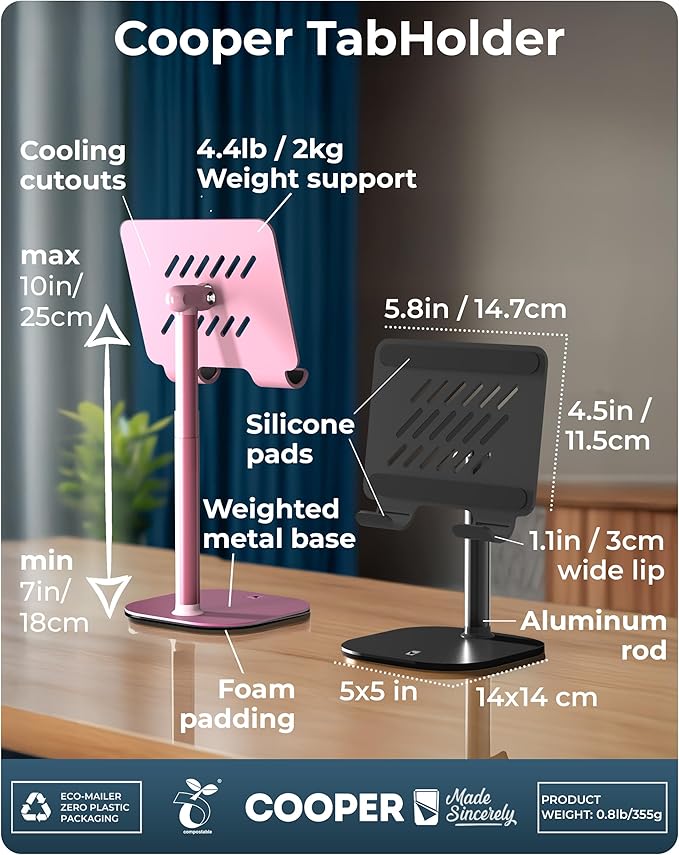 COOPER TabHolder, 7-10" Height Adjustable Tablet Stand, Premium iPad Stand for Desk, 270° Tilt iPad Holder, Kindle Holder, 15.6-17" Portable Monitor Support, (Lavender Pink)