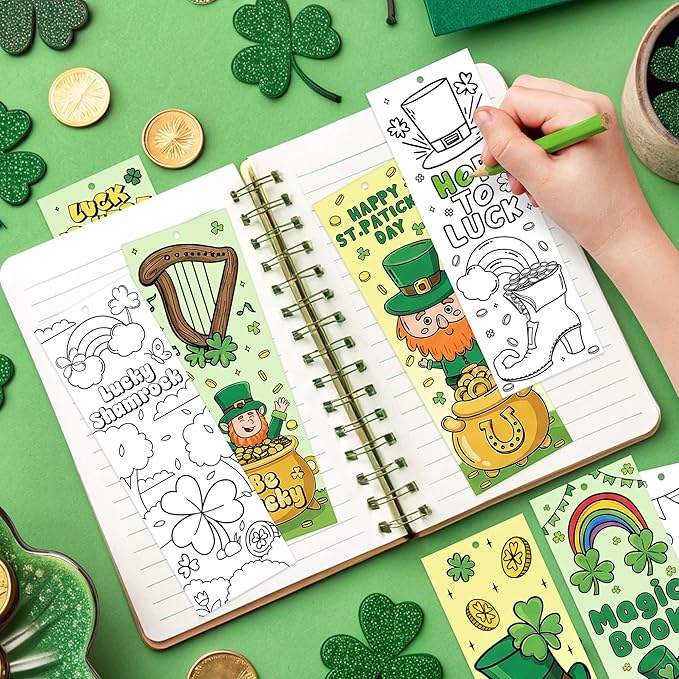 100Pcs St. Patrick’s Day Color Your Own Bookmarks Shamrock Lucky Clover DIY Coloring Blank Bookmarks with Ribbon Irish Holiday Art Crafts Supplies Classroom Reward Gifts Party Favors for Kids Students