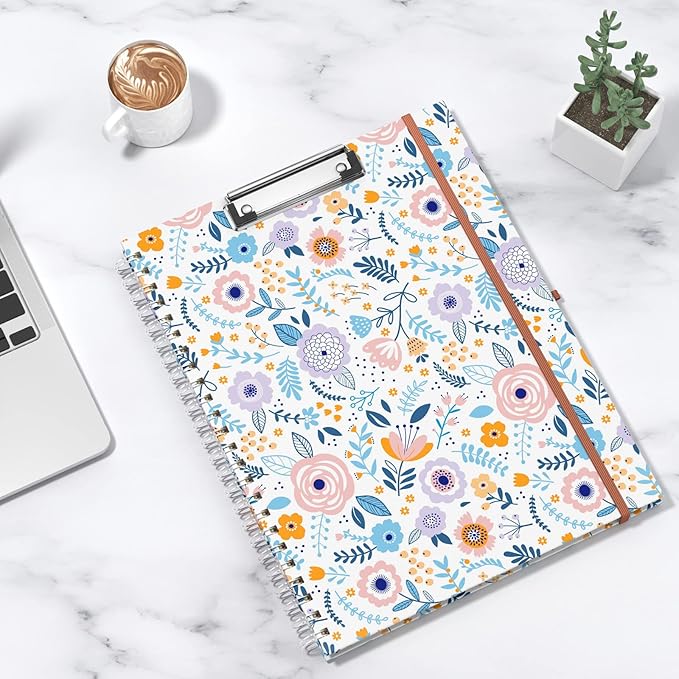 Rimilak Spiral Clipboard Folio with Refillable Lined Notepad, 14.5 x 9.8 in, Hardcover Cover with 5 Interior Pockets, Elastic Band and Pen Loop Series. Cute Stylish Clipfolio, Purple Flower