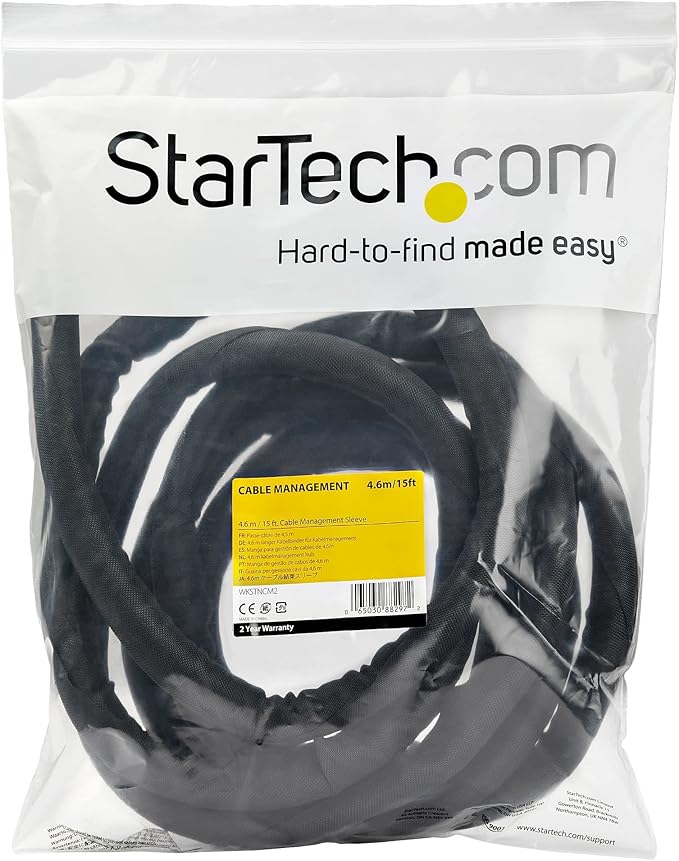 StarTech.com 15' (4.6m) Cable Management Sleeve - Flexible Coiled Cable Wrap - 1.0-1.5" Dia. Expandable Sleeve - Polyester Cord Manager/Protector/Concealer - Black Trimmable Cable Organizer