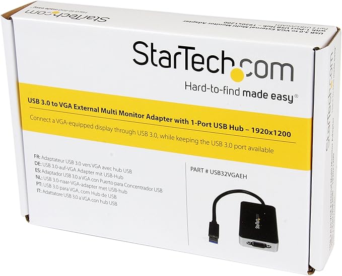 StarTech.com USB 3.0 to VGA Adapter with 1 Port USB Hub - 1920x1200 - External Video & Graphics Card - Dual Monitor Display Adapter - Supports Windows (USB32VGAEH)