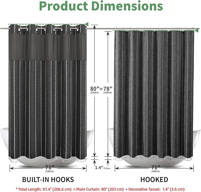 No Hook Long Shower Curtain Set with Snap-in Fabric Liner,Linen Textured Thick Striped Fabric with Tassels,Boho Farmhouse Rustic Luxury Bathroom Curtain,Water-Repellent,Charcoal Grey,71x80