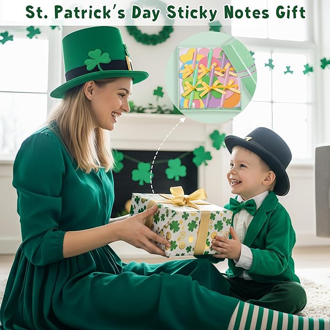 St. Patrick's Day Sticky Note - 24 Set Lucky Charm Bright Colors Super Sticky Notes Polyester Ribbons Ballpoint Pens Sticking Power Page Markers Strong Adhesive Clean Removal Semester School