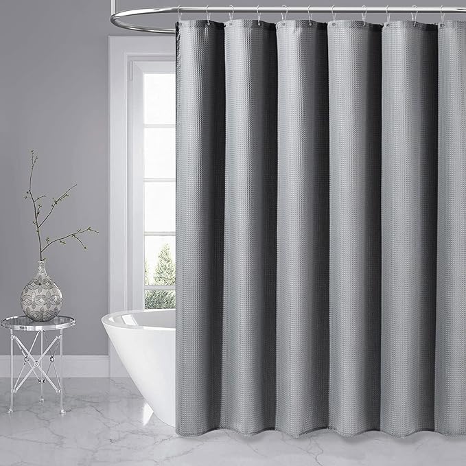 Dynamene Extra Wide Shower Curtain-108 Inch Wide Waffle Weave Weighted Thick Cloth Bathroom Shower Curtain, Neutral Heavy Duty Hotel Bath Curtain Set with 18 Plastic Hooks,108x72, Grey/Gray