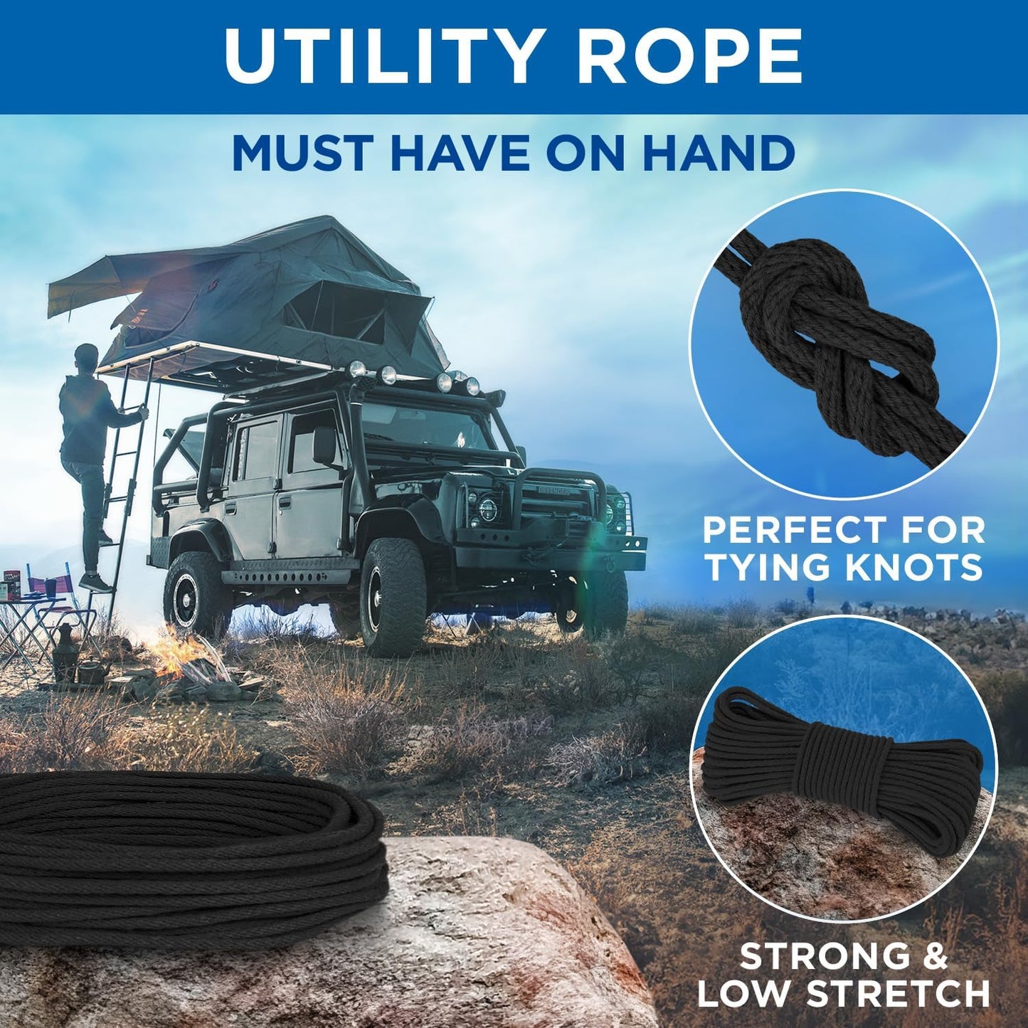 TECEUM 500lb Cotton Rope 3/16” (5 mm) – 50 FT | 100 FT – Strong All-Purpose Braided Rope – Natural Cotton – for Crafting, Сamping, Clothes Line, DIY, Indoor & Outdoor Use – Black