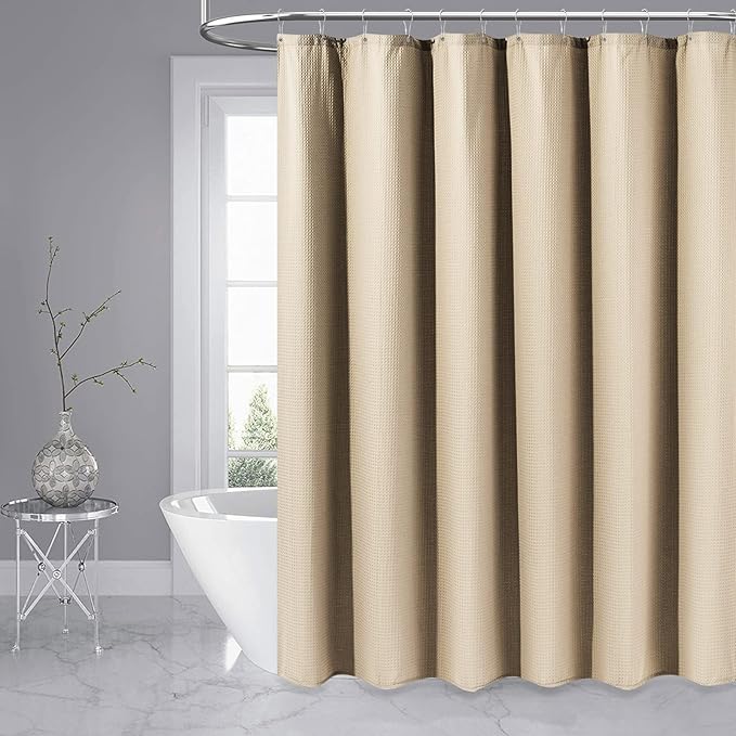 Dynamene Beige Fabric Shower Curtain - Waffle Textured Heavy Duty Cloth Shower Curtains for Bathroom, 256GSM Hotel Spa Luxury Weighted Bath Curtain Set with 12 Plastic Hooks,72x72, Beige/Khaki