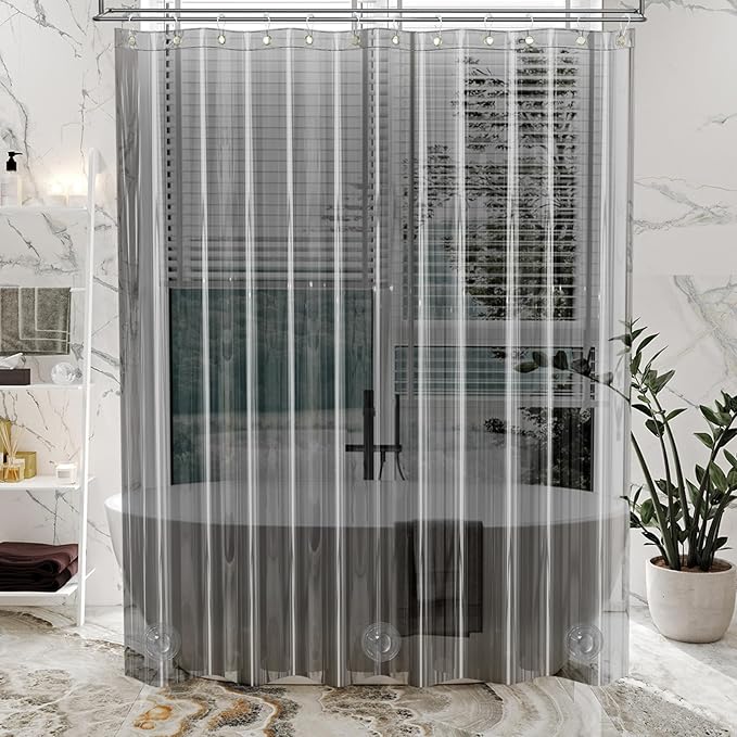 AmazerBath Premium EVA Shower Curtain Clear Grey, Luxury Shower Curtain Grey Jelly-Like Soft, Waterproof Bathroom Curtain with 3 Weighted Stones and 12 Grommets, Recyclable Packaging