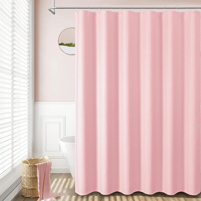 Dynamene Extra Long Shower Curtain - 96 Inch Long Waffle Weave Weighted Thick Cloth Bathroom Shower Curtain, Neutral Heavy Duty Hotel Bath Curtain Set with 12 Plastic Hooks,72x96, Pink