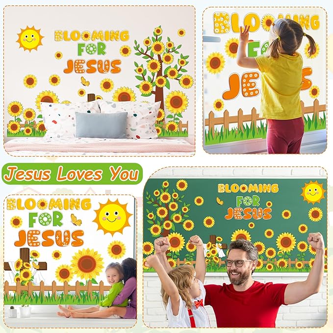 gisgfim Sunflower Bulletin Board Decoration Set Summer Religious Cutouts for Classroom School Welcome Blooming for Jesus Spring Christian Bulletin Board Craft Door Home Wall(Blooming for Jesus)