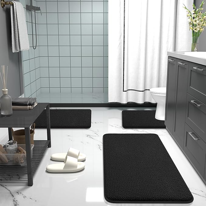 OLANLY Toilet Rugs U-Shaped 24x20, Extra Soft Absorbent Thick Memory Foam Contour Bathroom Rugs, Dry Quickly, Machine Washable, Non-Slip Toilet Bath Mat, Home Decor Accessories, Black