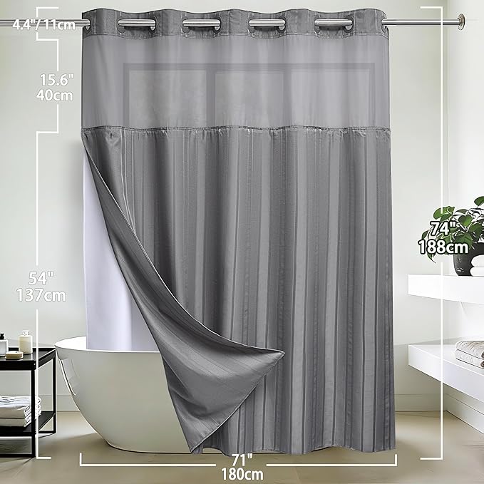 Conbo Mio No Hook Waffle Weave Shower Curtain with Snap in Liner Set, Hotel Luxury Grey Shower Curtains for Bathroom with See Through Top Window, Waterproof, Washable 71W x 74H Stripe