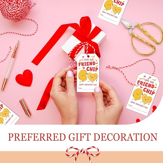 50Pcs Friend-chip Valentines Tags, Valentines Gift Label with String, Hanging Paper Gift Label for Wrapping Treat Bag, Idea Valentine's Activity School Classroom Party Favors