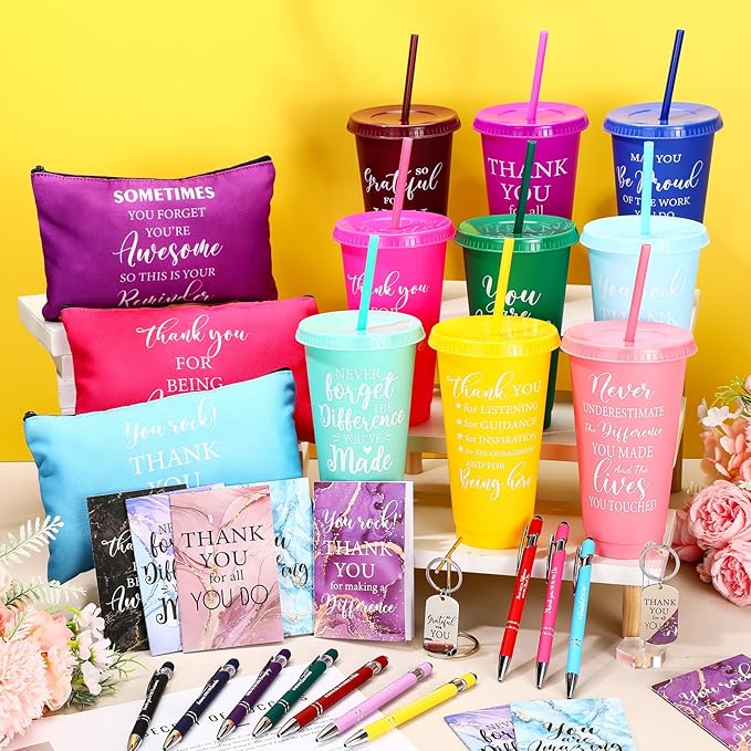 50 Pcs Employee Appreciation Gift for Women 24 oz Thank You Plastic Tumbler with Inspirational Notepads Ballpoint Pens Makeup Bag Keychain Professional Gifts for Coworker Holiday