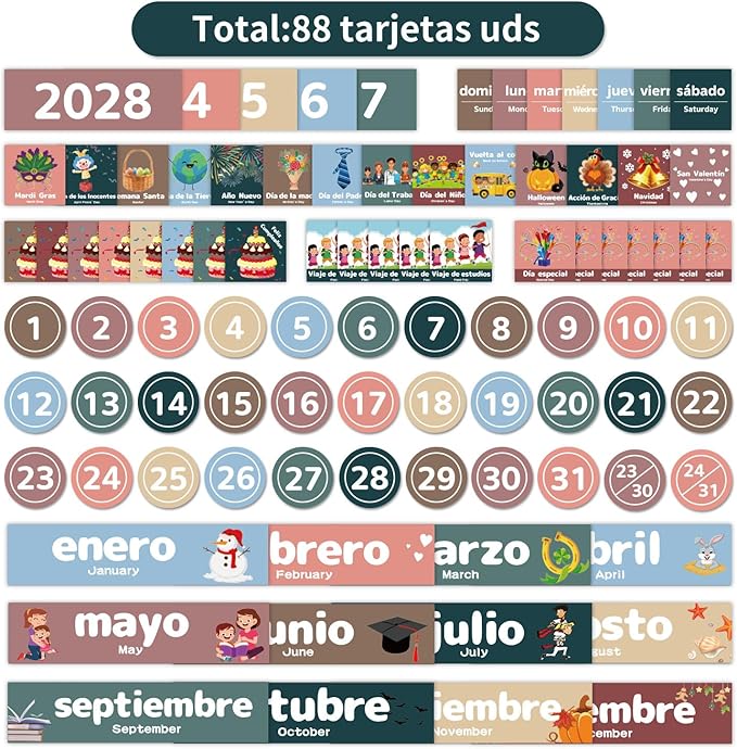 Monthly Calendar Pocket Chart for Classroom, Printed Days of The Week with Cards, Learning for Home or Kindergarten, Teacher Must Have Supplies That Fits Any School Décor (Spanish White)