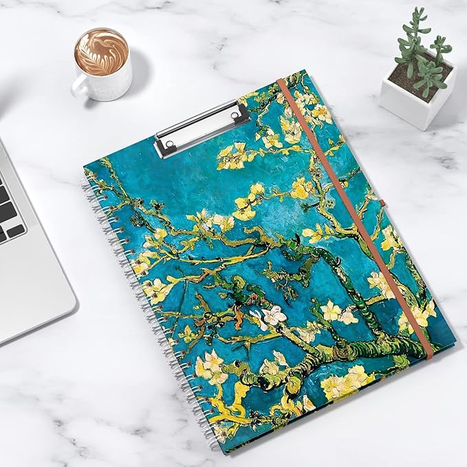 Rimilak Spiral Clipboard Folio with Refillable Lined Notepad, 14.5 x 9.8 in, Hardcover Cover with 5 Interior Pockets, Elastic Band and Pen Loop Series. Cute Stylish Clipfolio, Almond Tree