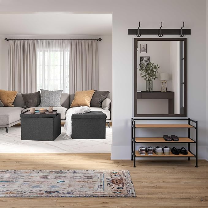 Seville Classics Cushioned Fabric Ottoman Hidden Storage Chest Footrest Chair, Padded Seat for Bedroom, Dorm, Loft, Living Room, Entryway, Hallway, Modern Gray, 25" XL Square with Tray