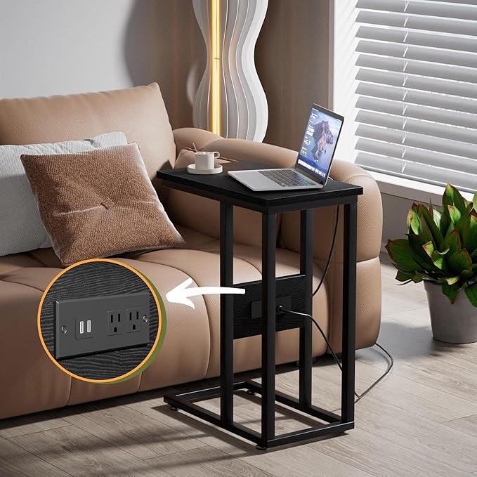 VECELO C Shaped End Table with Charging Station & Power Outlets, Quick Access Side Table for Sofa, C Bedside for Living Room Bedroom 1 Set,Black