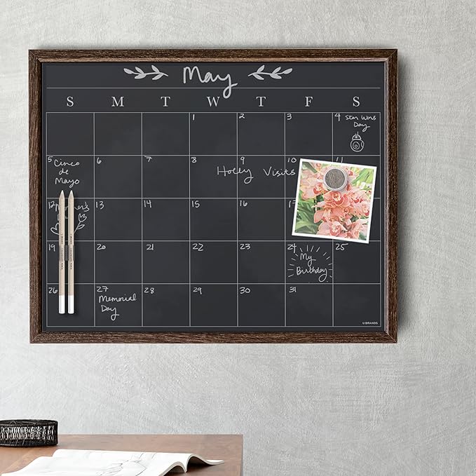 U Brands 16" x 20" Magnetic Monthly Calendar Chalkboard with Rustic Wood Frame, Blackboard Surface, Wall Mountable, Monthly Planner Board, Magnetic Calendar for Home, Office, Kitchen, Classroom