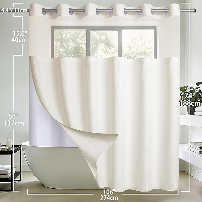 Extra Wide No Hook Waffle Weave Shower Curtain with Snap in Liner Set, 108" x 74" Hotel Luxury Beige Shower Curtains for Bathroom with See Through Top Window, Waterproof, Washable 108W x 74H