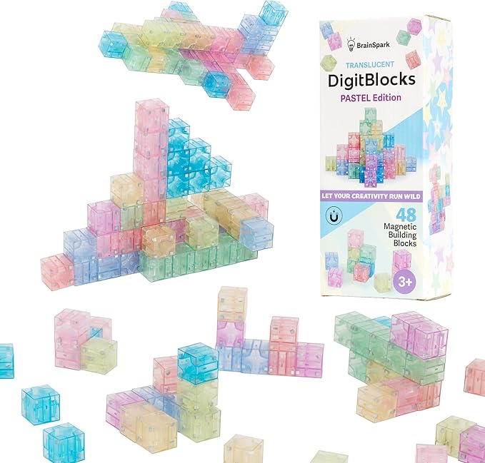 48PCS Pastel Translucent DigitBlocks Magnetic Building Blocks for Kids Montessori STEM Toys for Boys Girls Ages 3-9 Includes Carrying Bag Idea Book Clear Magnet Cubes for Educational Learning Fun