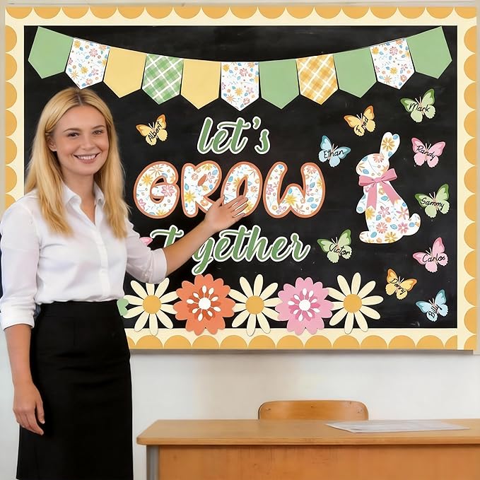Spring Bulletin Board Decorations for Classroom - 66 Pcs Let's Grow Together Classroom Bulletin Board Set Butterfly Flower Cutouts for Spring Summer School Home Door Wall Decor Supplies