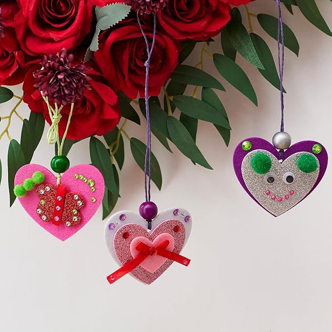 JOYIN Valentines Day 264 Pcs DIY Heart Felt Craft Set, Felt & Glitter Hearts & Wooden Beads & Plastic Eyes & Colorful Paper Ropes for Valentine's Day Kids Craft Party Classroom Ornaments Decorations