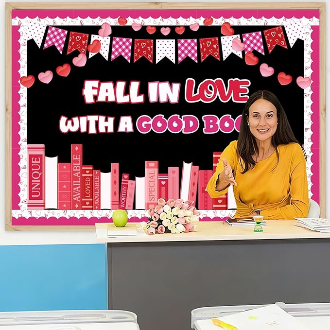 69Pcs Valentine's Day Reading Bulletin Board Decorations, Valentines Library Classroom Bulletin Board Set Heart Book Cutouts Home Window Door Wall February Party Decor for Teacher