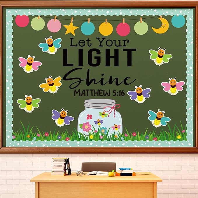 Kosiz 96 Pcs Let Your Light Shine Church Bulletin Board Religious Christian Classroom Bulletin Board Wall Decor Firefly Jar Cutouts for Sunday School Classroom Supplies Wall Decor