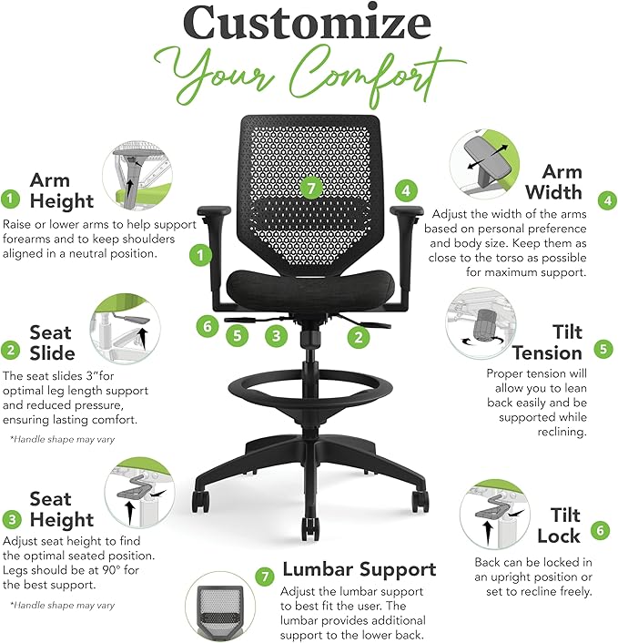 HON Solve Standing Desk Chair with Lumbar Support. ReActiv High Back Support, Ergonomic Office Chair with Foot Rest, Adjustable Height