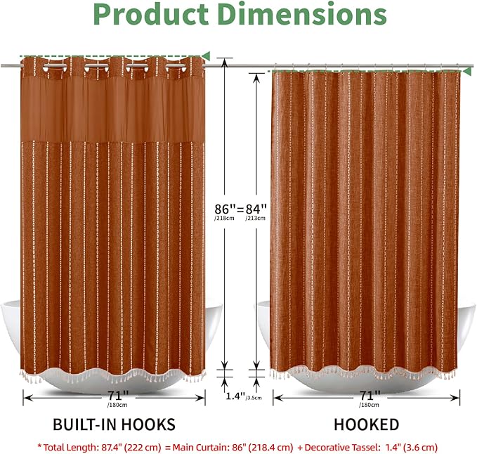 No Hook Extra Long Shower Curtain Set with Snap-in Liner,Linen Textured Thick Striped Fabric with Tassels,Boho Chic Modern Farmhouse Bathroom Curtain,Water-Repellent,Orange,71x86