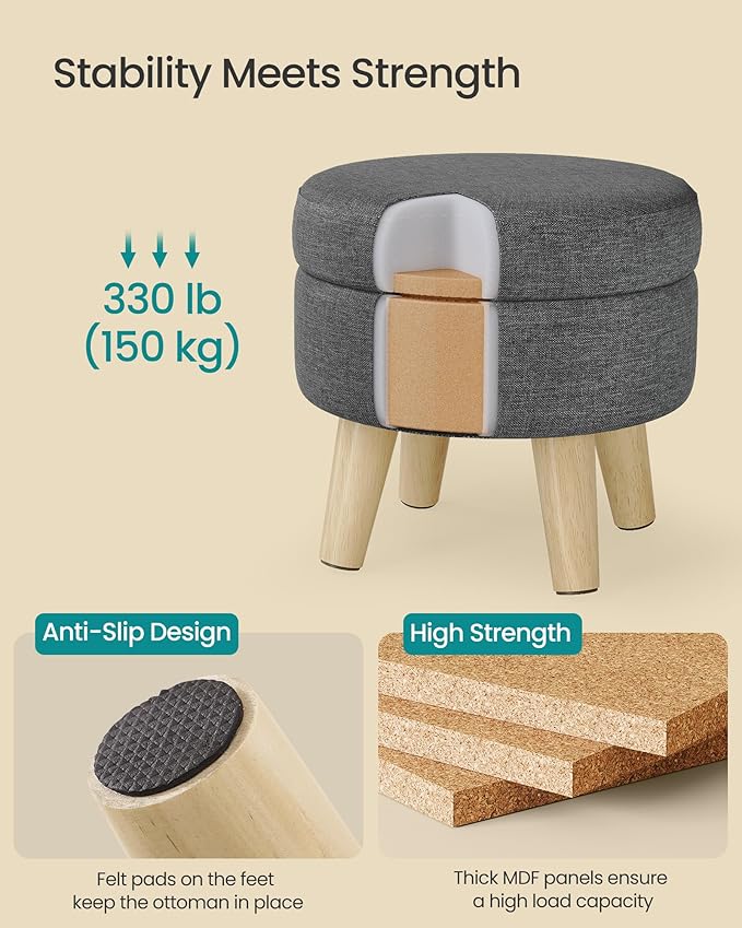 SONGMICS Storage Ottoman, Foot Stool, Round Ottoman with Padded Seat, Foot Rest with Wood Legs, Small Table, for Hallway, Living Room, 12.2 Inches, Linen-Look Fabric, Slate Gray ULOM514GN01
