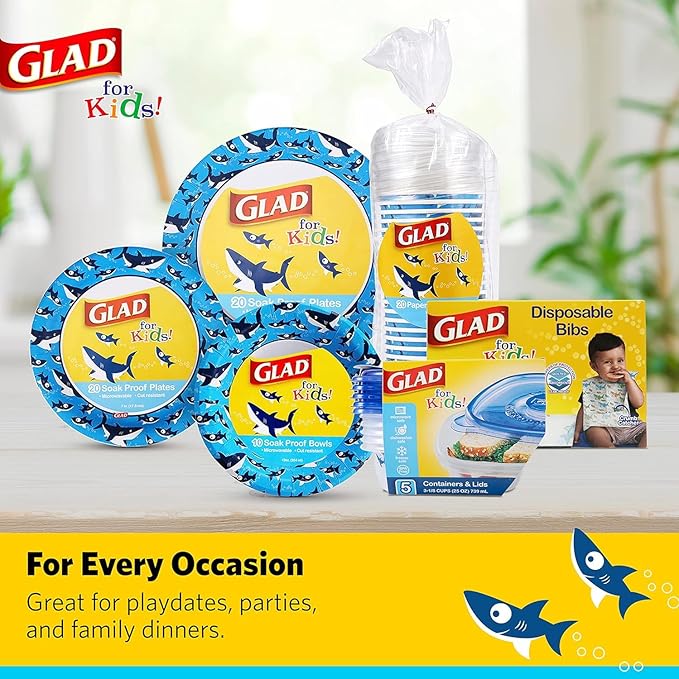 Glad for Kids Shark Disposable Paper Bibs with Crumb Catcher, Absorbent Leakproof Bibs for Toddlers and Babies, Mess Free Feeding, Crafts, Parties, and Travel Use, 30 Count - 24 Pack