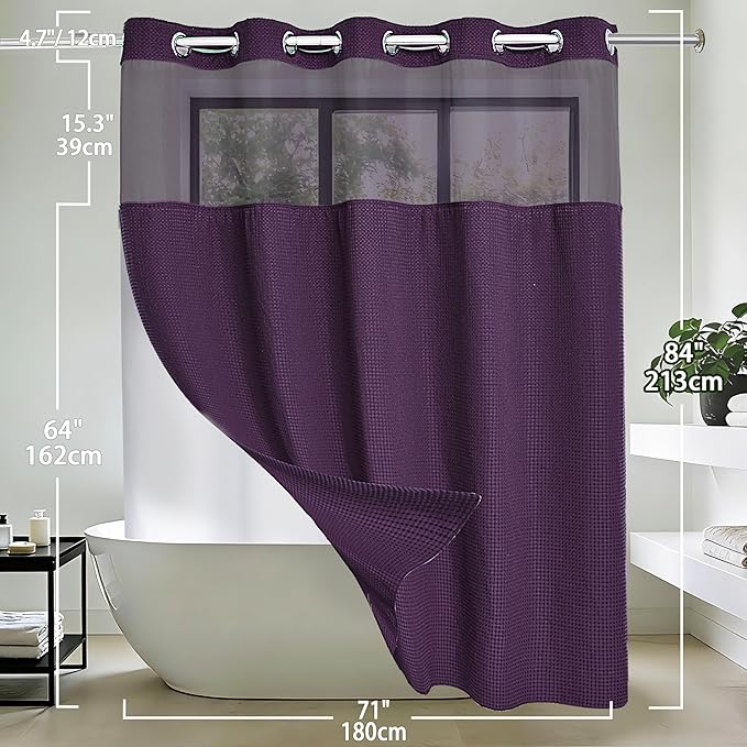 Conbo Mio Extra Long No Hook Waffle Weave Shower Curtain with Snap in Liner Set, Hotel Luxury Purple Shower Curtains for Bathroom with See Through Top Window, Waterproof, Washable 71W x 84H