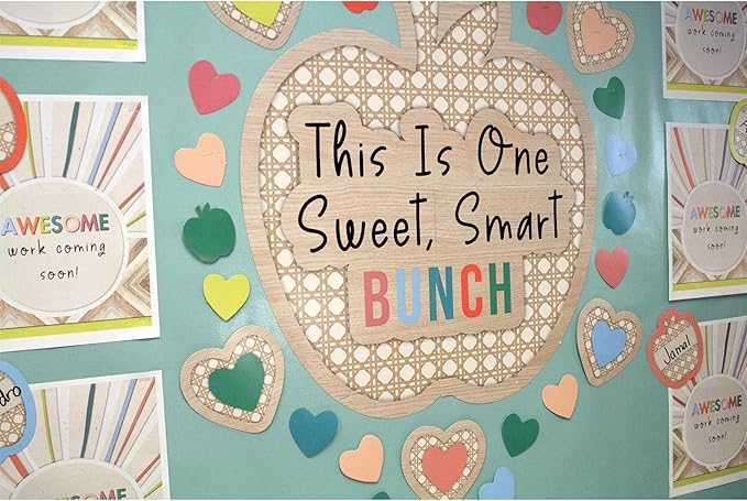 Carson Dellosa True to You 59-Piece This is One Sweet, Smart Bunch Motivational Bulletin Board Set, Heart and Apple Modern Décor for Bulletin Board, Cork Board, and Natural Classroom Decor, 110587