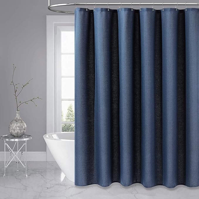 Dynamene Thick Fabric Shower Curtains for Bathroom - Waffle Weave Heavy Duty, 256GSM Hotel Spa Luxury Weighted Polyester Cloth Bath Curtain Set with 12 Plastic Hooks,72x72, Navy Blue