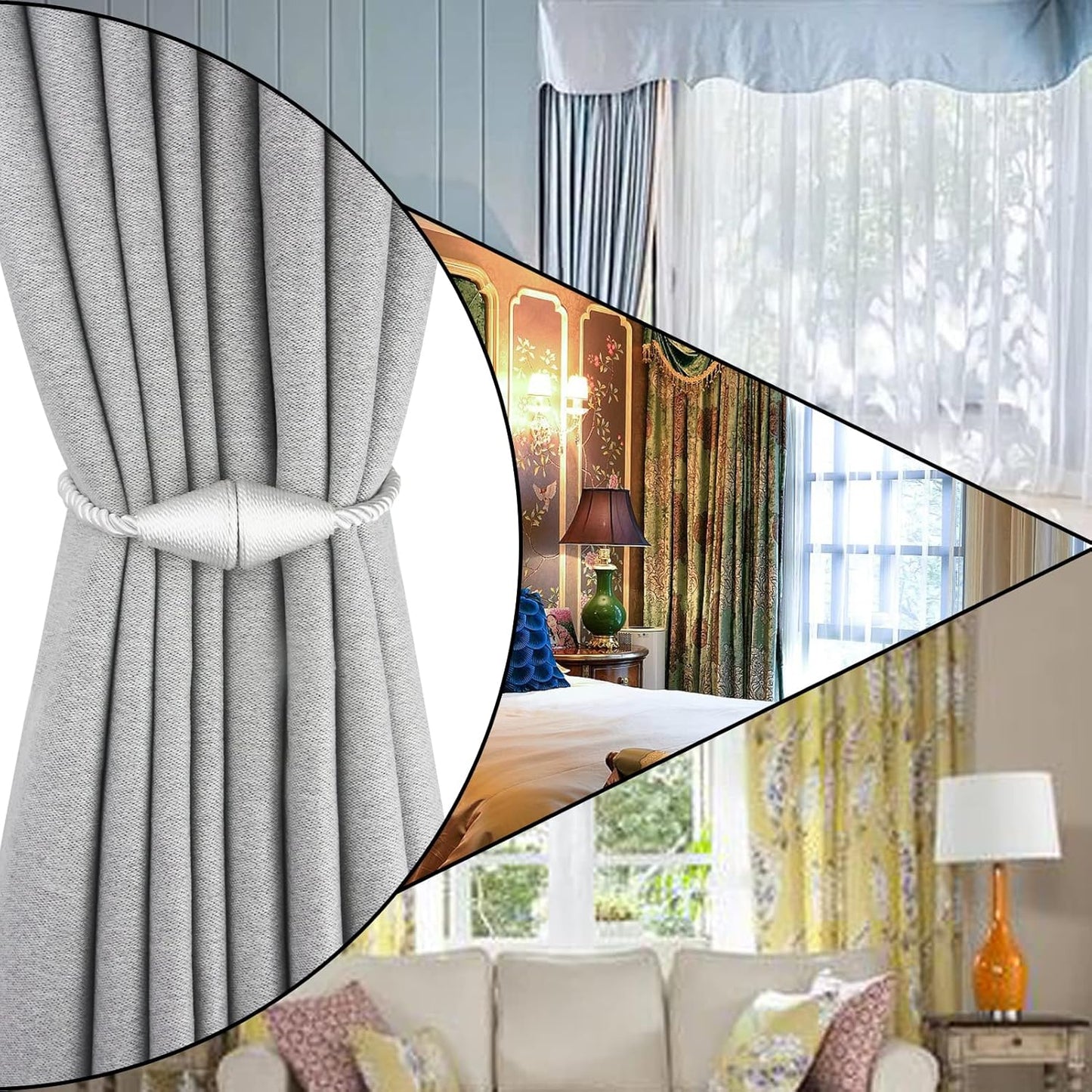 6 Pack Magnetic Curtain Tiebacks Rope Modern Handmade Curtain Tie Backs Decorative Drapes Weave Holdbacks for Window Décor, Silver