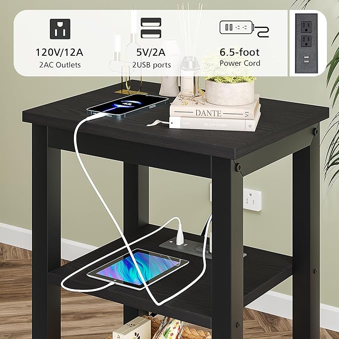 VECELO Modern Nightstands with Charging Station,Side End Table Night Stand with Storage Shelf for Small Spaces, Bedroom,Living Room