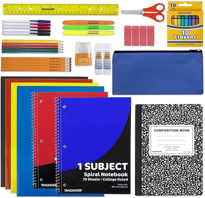 Trail maker School Supplies Kit 45 Piece School Supply Kit Grades K-12 – Back to School Essentials Includes Folders Notebooks Pencils Pens and Much More!