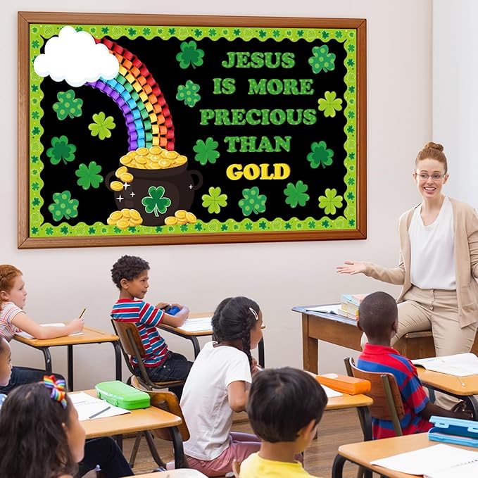 St. Patrick's Day Christian Bulletin Board Set Jesus Religious Classroom Decorations 3D Rainbow Gold Coin Paper Cutouts Shamrock Bulletin Board Borders for Church Sunday School VBS Wall Door Decor