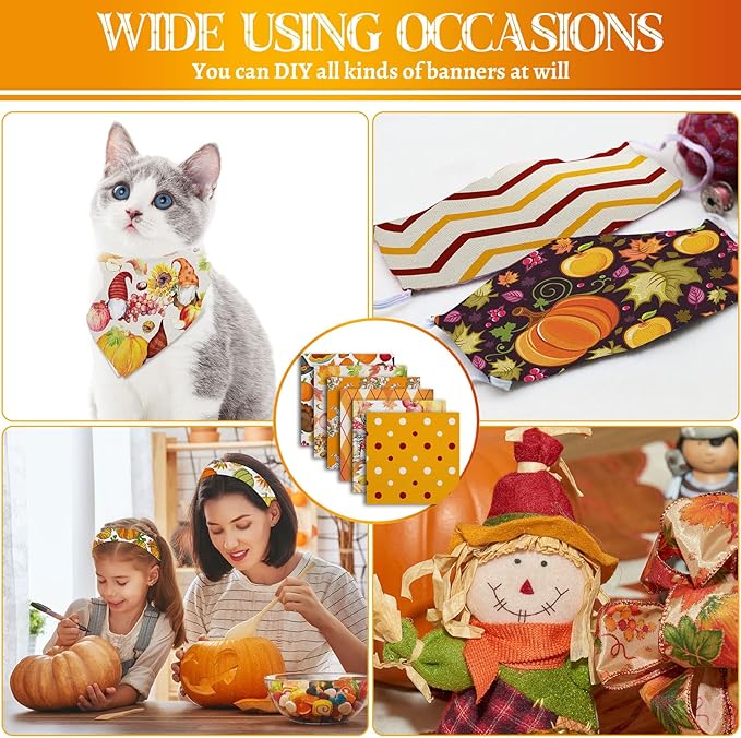 Shimeyao 60 Pieces Thanksgiving Fabric Bundles 10 x 10 Inch Thanksgiving Leaves Pumpkin Patchwork Squares Fabric for Harvest Holiday DIY Craft Sewing Quilt Material Handmade