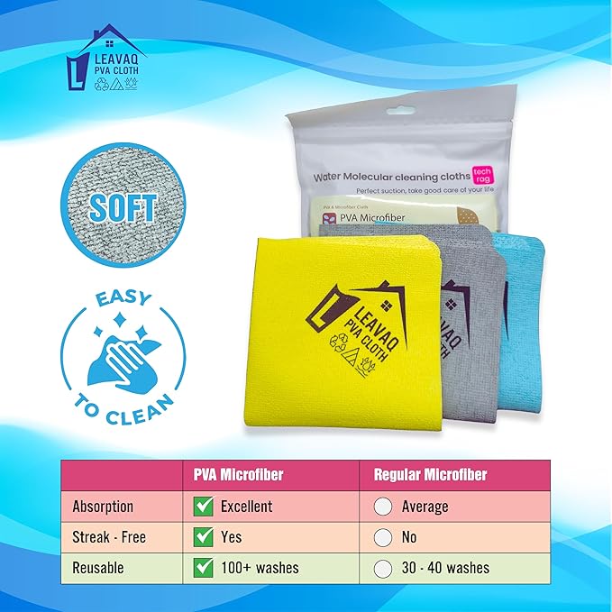 3-Pack PVA Microfiber Cleaning Cloth – 12"x12" Ultra Absorbent, Quick Dry, Streak-Free, Kitchen, Glass, Home & Office